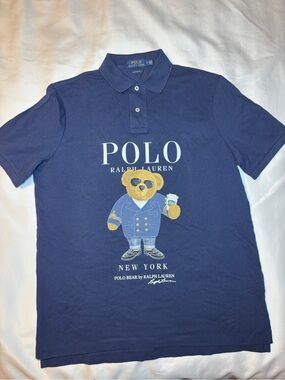 Polo Ralph Lauren Polo Shirt Mens Med Blue Classic Fit New York Bear Coffee READ